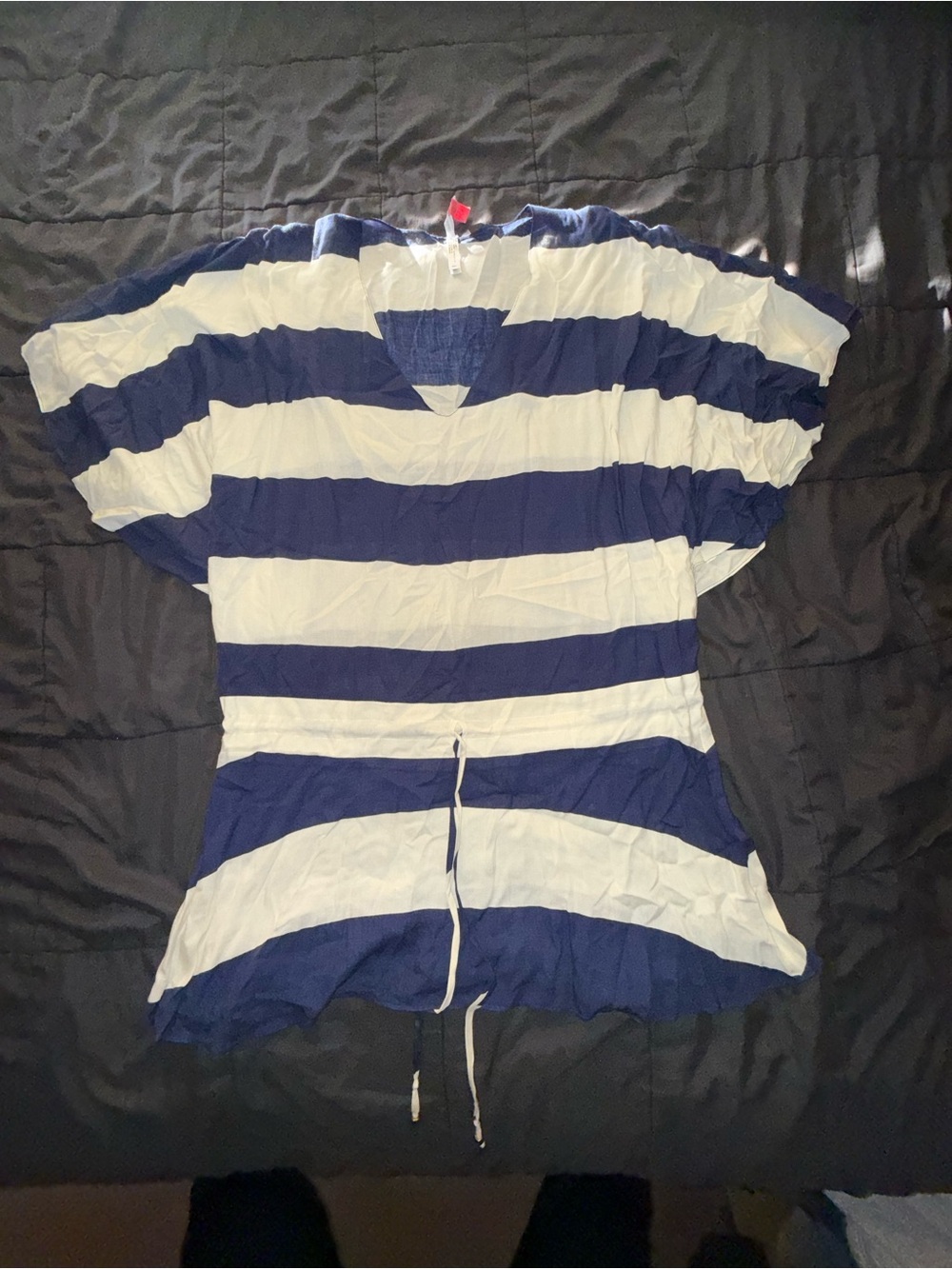 Vix Paula Hermanny Striped Blue and White V-Neck Top with Drawstring - Picture 1 of 5